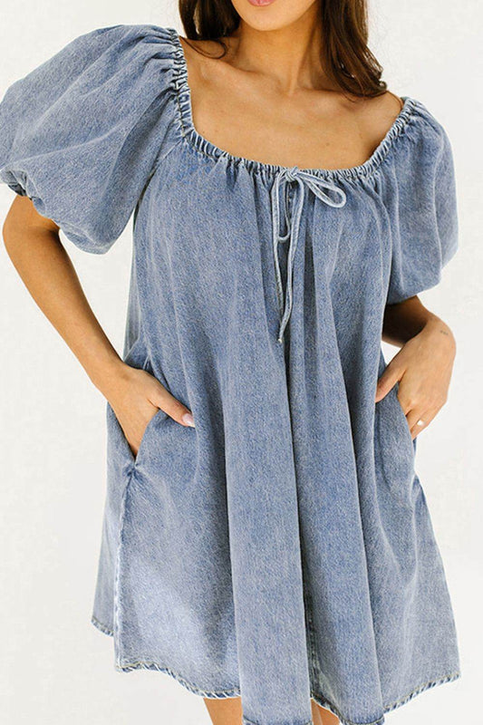 Bubble Sleeve Square Neck Denim Babydoll Dress - Hovatok