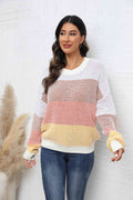 Angel Wings Waffle-Knit Round Neck Dropped Shoulder Color Block Sweater - Hovatok