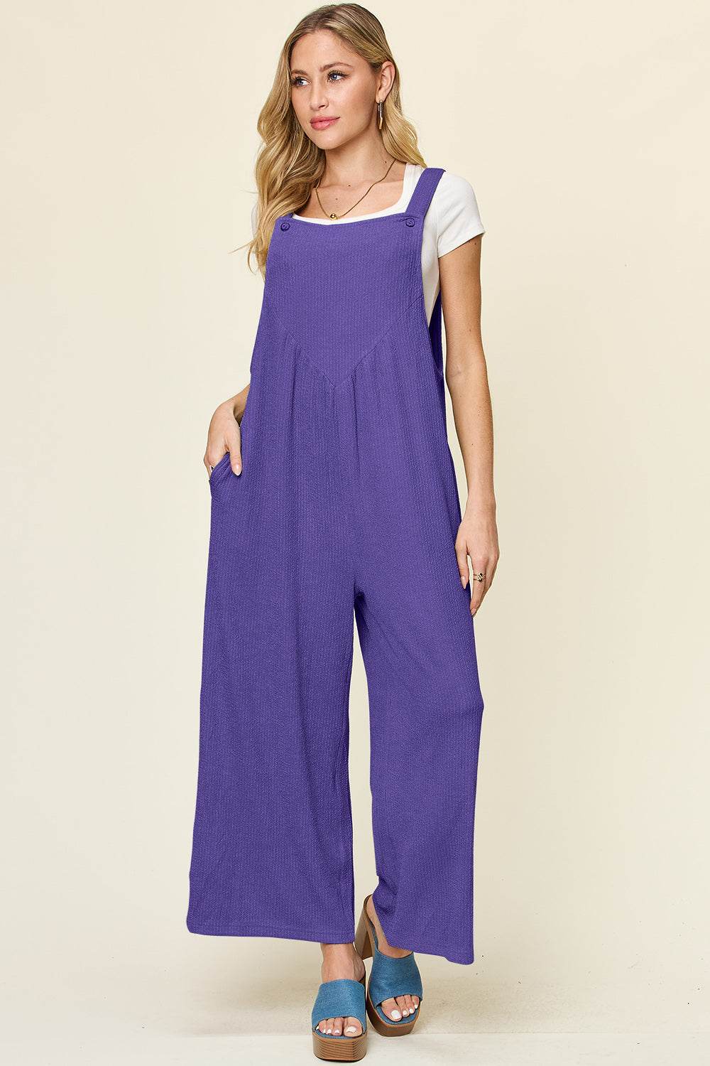 Double Take Full Size Texture Sleeveless Wide Leg Overall - Hovatok