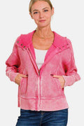 Zenana Washed Zip Up Hooded Jacket - Hovatok