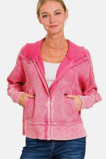 Zenana Washed Zip Up Hooded Jacket - Hovatok