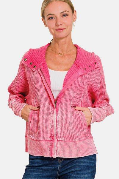 Zenana Washed Zip Up Hooded Jacket - Hovatok
