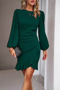 Devine Ruched Ruffled Balloon Sleeve Mini Dress - Hovatok