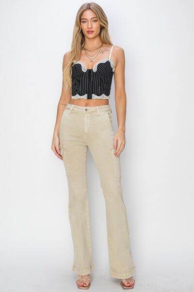 RISEN Full Size High Rise Side Slit Cargo Bootcut Jeans - Hovatok