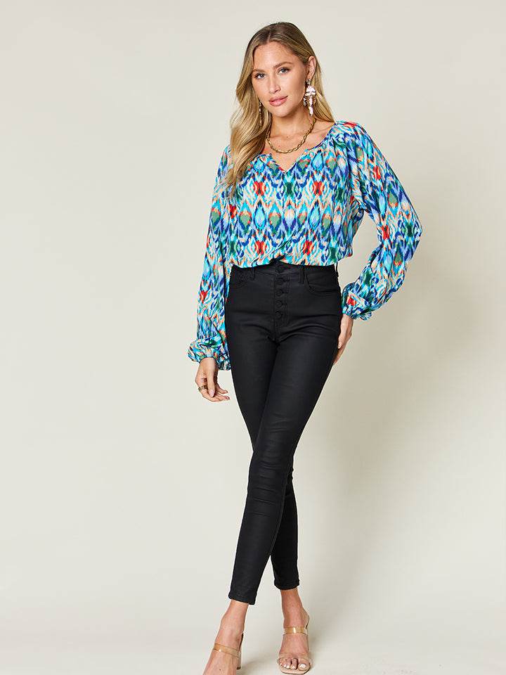 Double Take Full Size Printed Balloon Sleeve Blouse - Hovatok