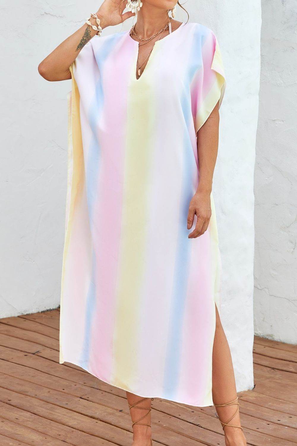 Slit Striped Notched Short Sleeve Cover Up - Hovatok