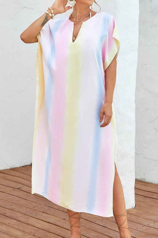 Slit Striped Notched Short Sleeve Cover Up - Hovatok