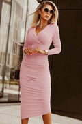 Ruched Surplice Long Sleeve Midi Dress - Hovatok