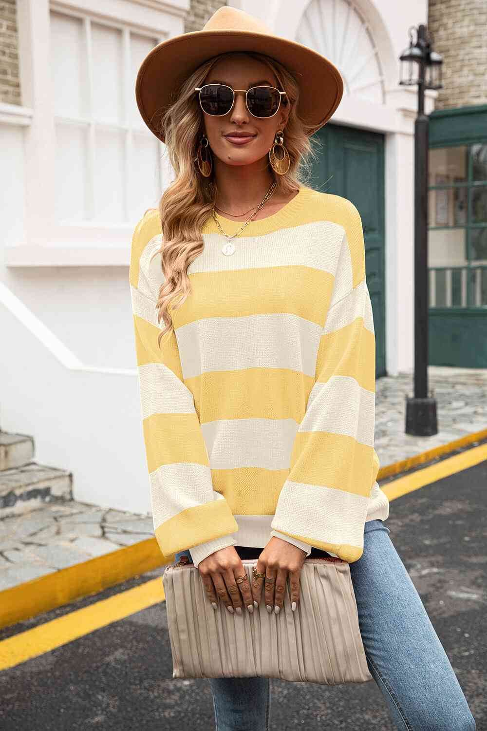 Angel Wings Striped Balloon Sleeve Knit Pullover - Hovatok