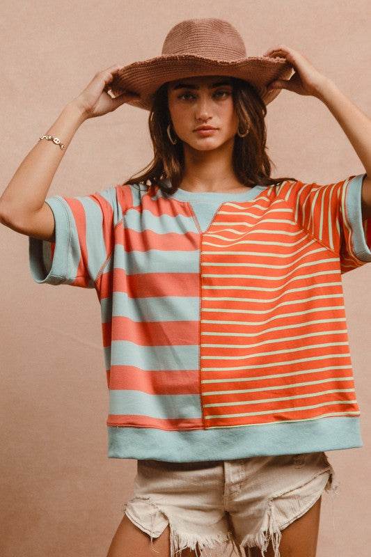BiBi Striped Round Neck Half Sleeve French Terry Top - Hovatok