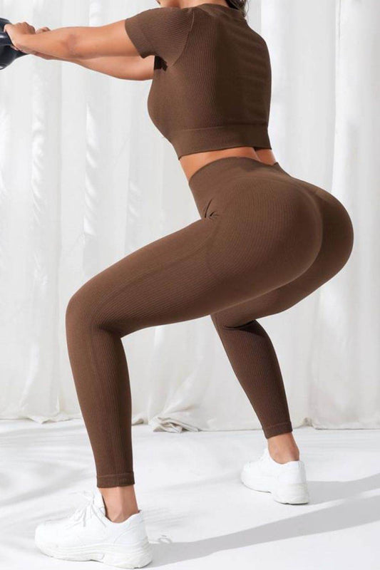 V-Neck Crop Top and High Waistband Long Active Pants - Hovatok