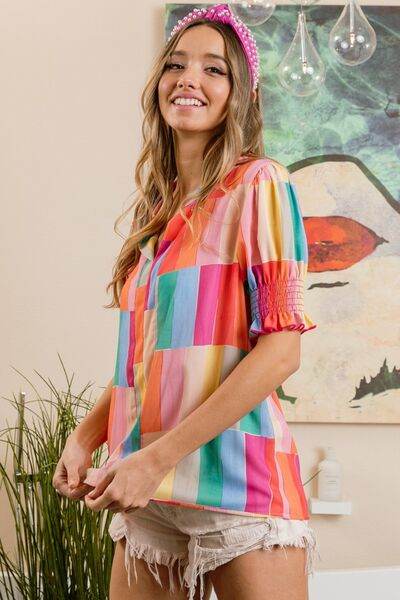 BiBi Color Block Smocked Short Sleeve Blouse - Hovatok