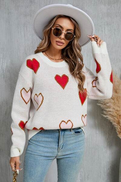 Angel Wings Contrast Heart Round Neck Long Sleeve Sweater - Hovatok