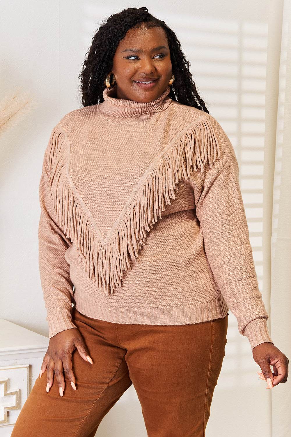 Woven Right Turtleneck Fringe Front Long Sleeve Sweater - Hovatok
