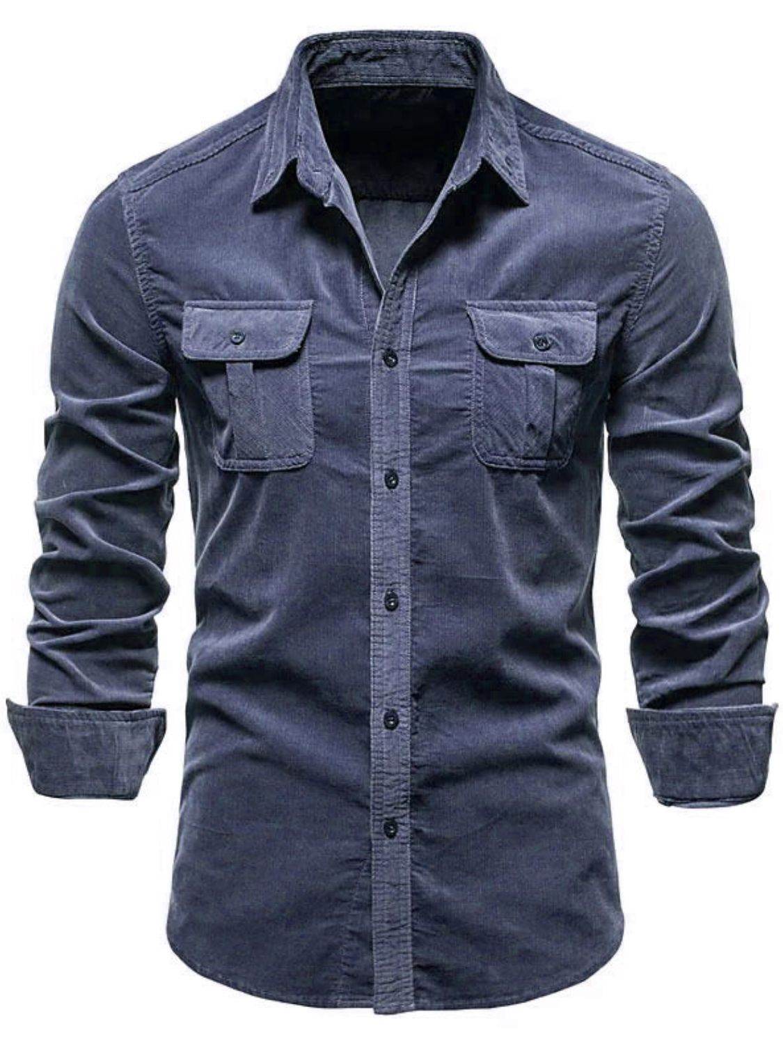 Men's Full Size Collared Neck Button Down Shirt with Chest Pockets Plus Size - Hovatok