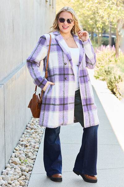 Double Take Full Size Plaid Button Up Lapel Collar Coat - Hovatok