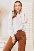 Shiny Eyelet Dropped Shoulder Round Neck Blouse - Hovatok