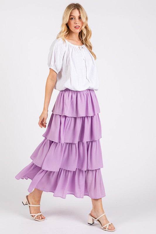 Mittoshop Chiffon Ruffle Layer Elastic Waist Midi Skirt - Hovatok