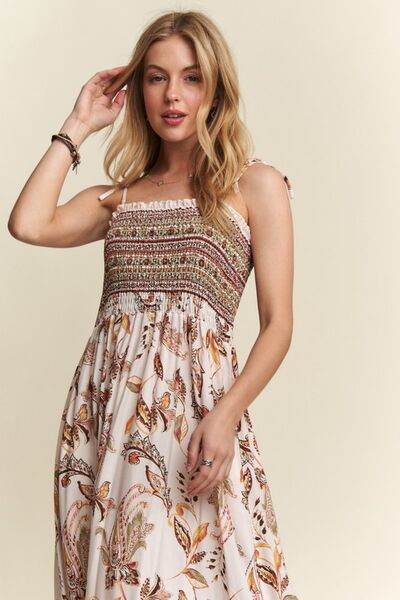 ADORA Smocked Printed Square Neck Tie Shoulder Cami Dress - Hovatok