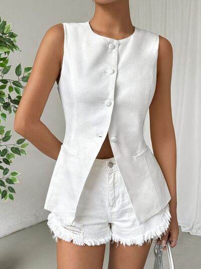 Button Down Round Neck Vest - Hovatok