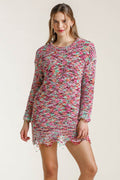 Umgee Full Size Distressed Hem Multicolored Round Neck Knit Tunic Dress Plus Size - Hovatok