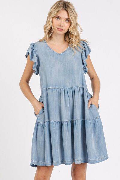 Mittoshop V-Neck Ruffled Cap Sleeve Mini Dress - Hovatok