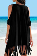 Fringe V-Neck Cold Shoulder Cover Up - Hovatok