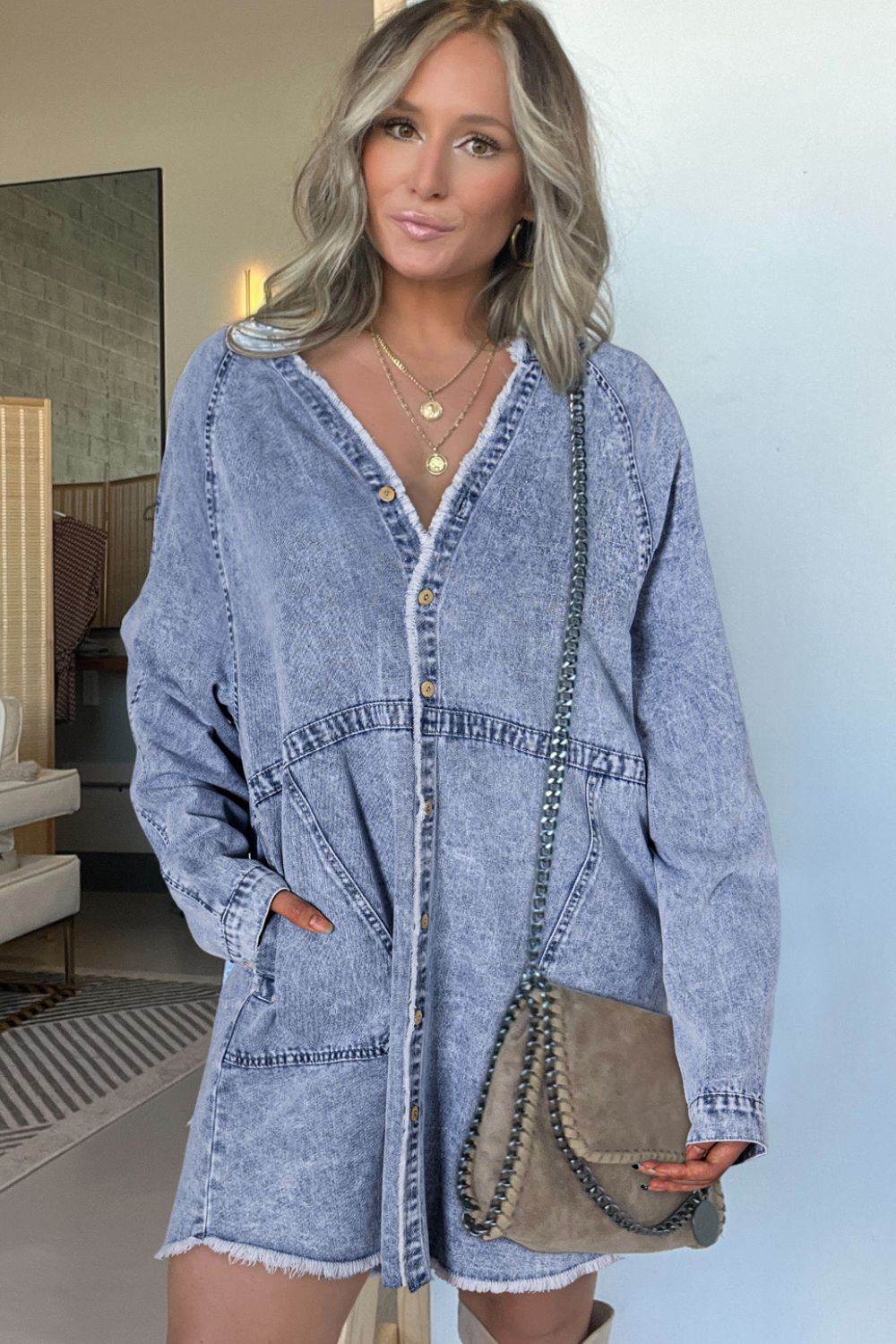 Raw Hem Button Down Long Sleeve Denim Dress - Hovatok