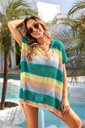 Angel Wings Openwork Striped V-Neck Short Sleeve Cover Up - Hovatok