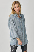 RISEN Distressed Raw Hem Denim Shirt - Hovatok