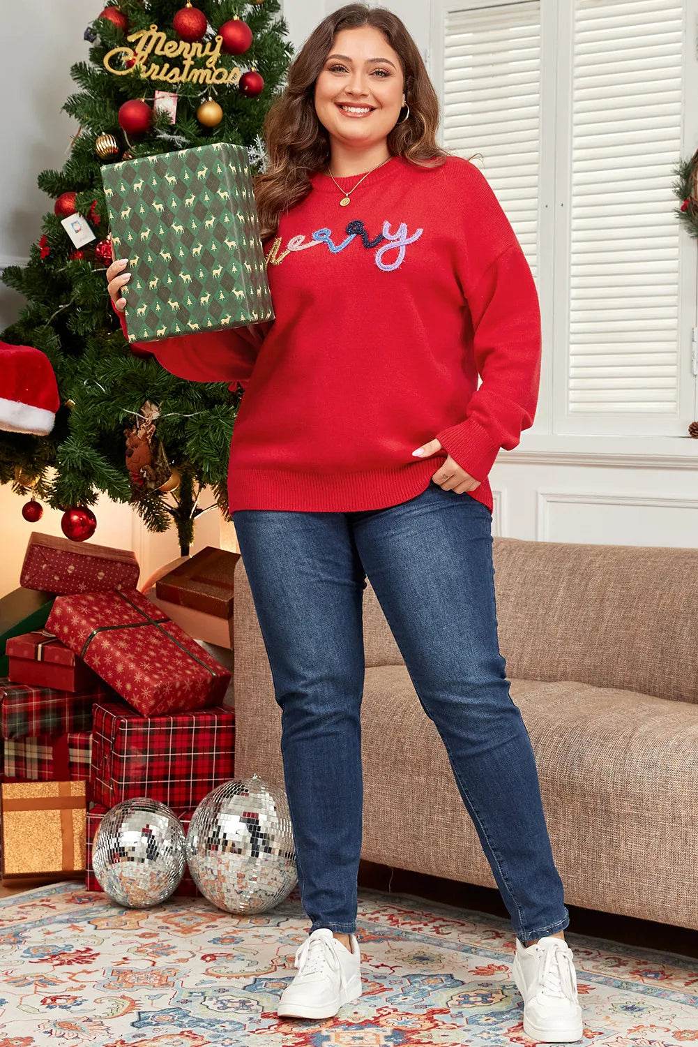 Plus Size MERRY Round Neck Long Sleeve Sweater - Hovatok