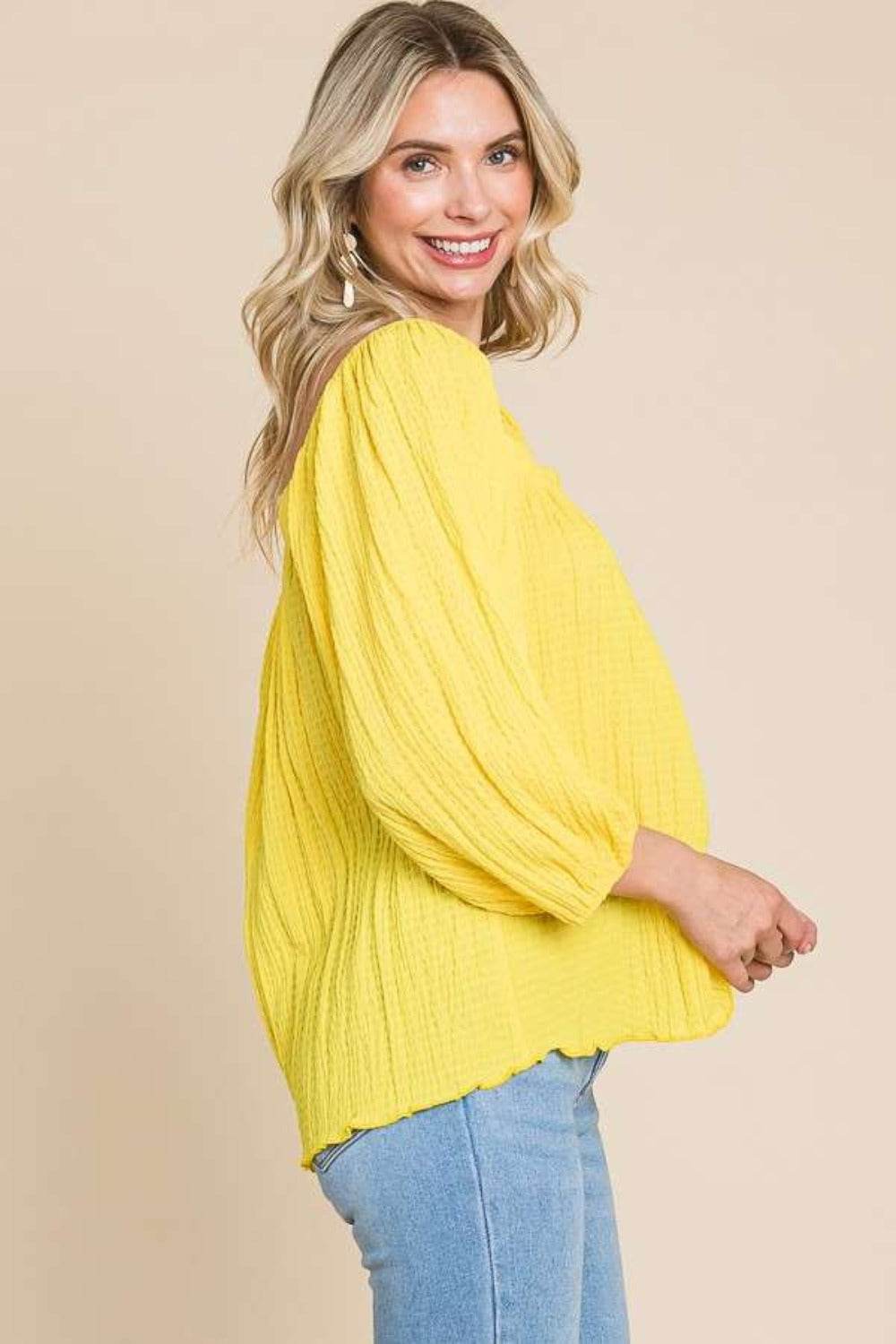 Culture Code Texture Square Neck Puff Sleeve Top - Hovatok