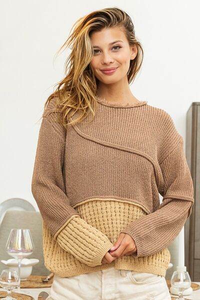 BiBi Texture Detail Contrast Drop Shoulder Sweater - Hovatok
