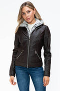 YMI Faux Layered Double-Zipper Jacket with Fuzzy Hood - Hovatok