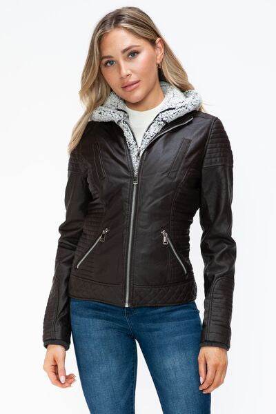 YMI Faux Layered Double-Zipper Jacket with Fuzzy Hood - Hovatok