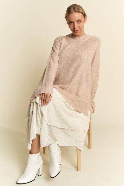 Davi & Dani High-Low Round Neck Drop Shoulder Sweater - Hovatok
