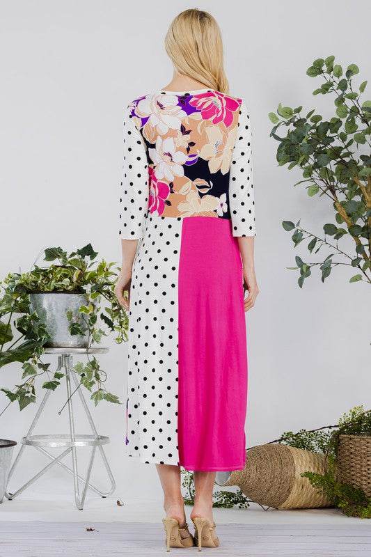 Celeste Full Size Multi Pattern Front Tie Midi Dress Plus Size - Hovatok