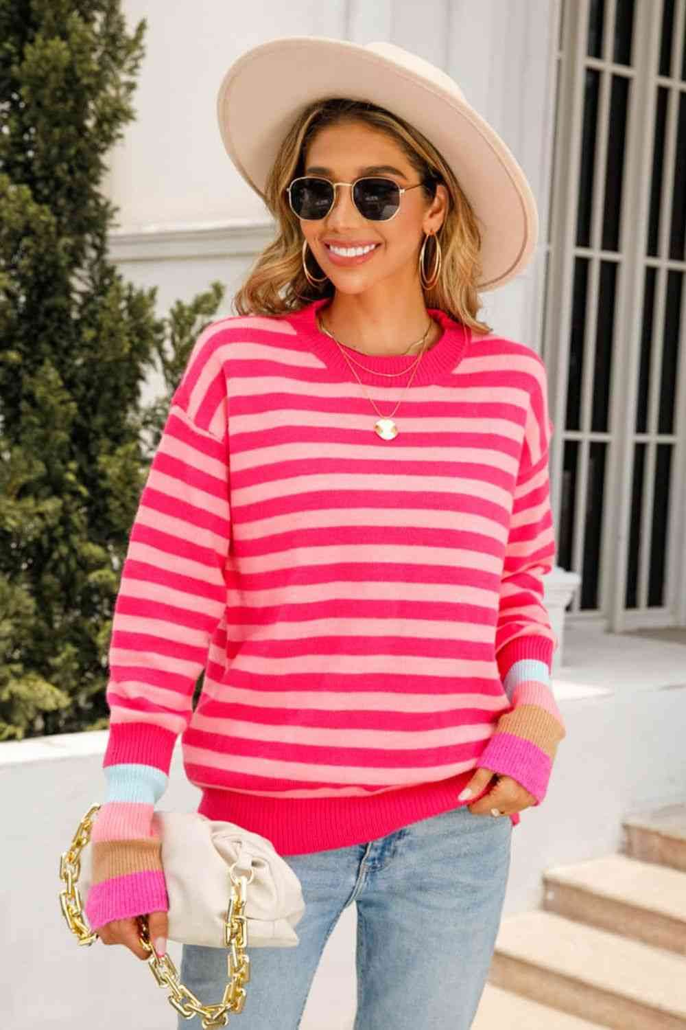 Angel Wings Warm Spice Striped Round Neck Sweater - Hovatok