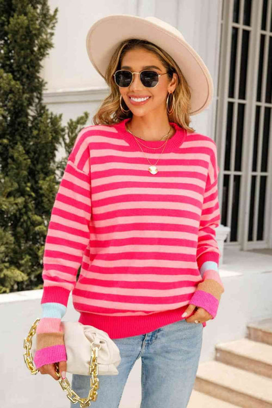 Angel Wings Warm Spice Striped Round Neck Sweater - Hovatok
