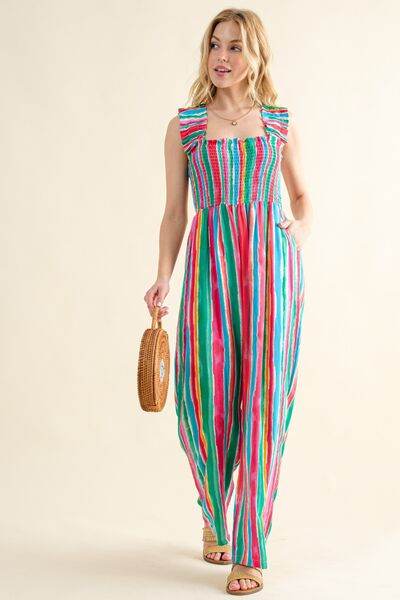 And The Why Full Size Striped Smocked Sleeveless Jumpsuit - Hovatok
