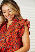 Double Take Floral Flutter Sleeve Notched Neck Blouse - Hovatok