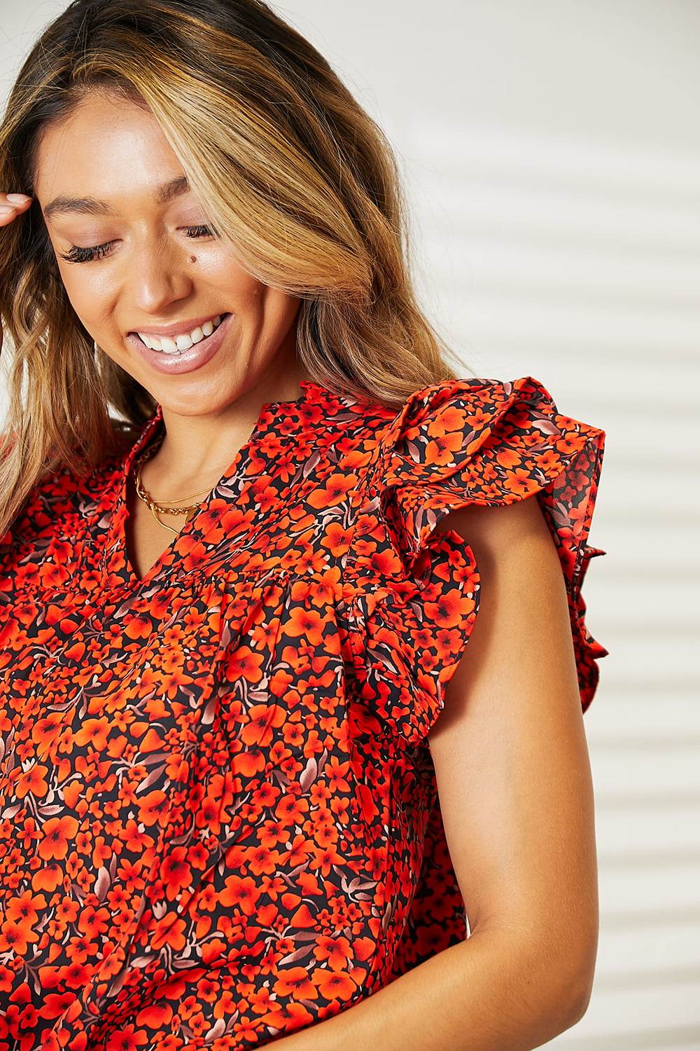 Double Take Floral Flutter Sleeve Notched Neck Blouse - Hovatok