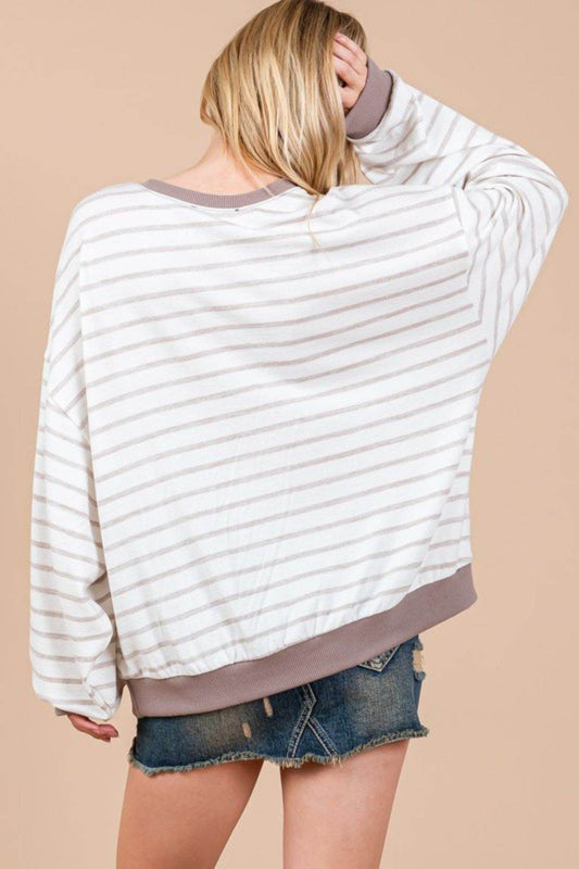 Ces Femme Striped Round Neck Drop Shoulder Sweatshirt - Hovatok