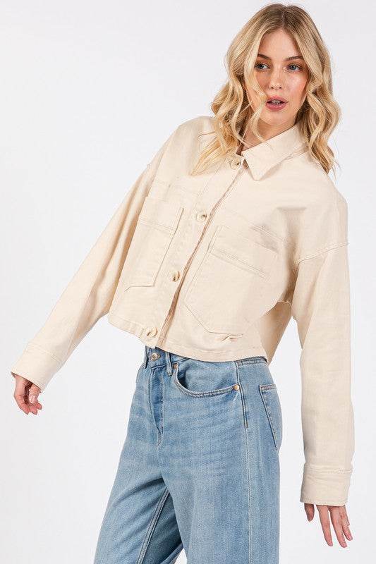 bytos Button Down Cropped Denim Jacket with Patch Pockets - Hovatok