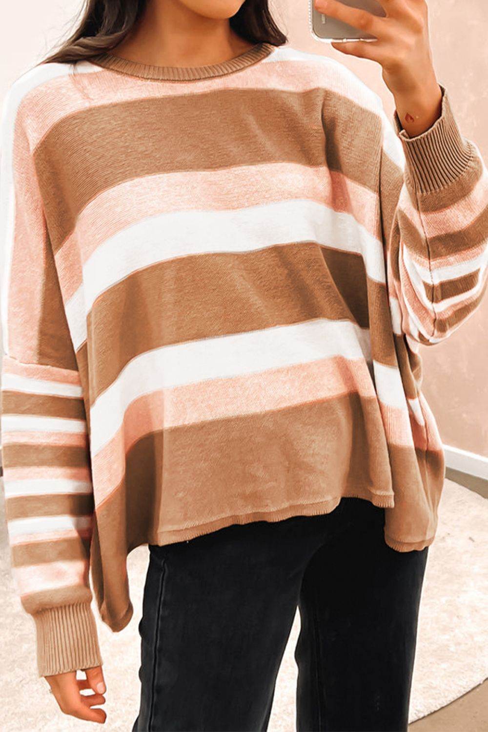 Striped Round Neck Long Sleeve Sweater - Hovatok