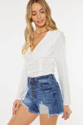Kancan Distressed Button-Fly High Waist Denim Shorts - Hovatok