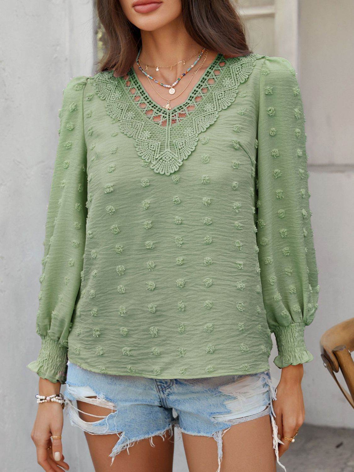Devine Swiss Dot Lace Detail V-Neck Long Sleeve Blouse - Hovatok