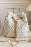 Chain Drawstring Raw Edge Denim Bucket Bag - Hovatok