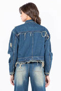 American Bazi Full Size Distressed Frayed Edge Zip Up Denim Jacket Plus Size - Hovatok