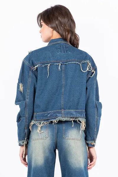 American Bazi Full Size Distressed Frayed Edge Zip Up Denim Jacket Plus Size - Hovatok
